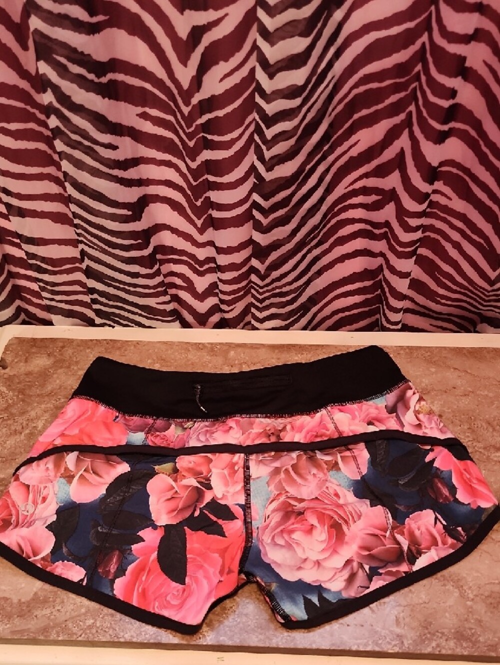 lululemon athletica Pink Floral Athletic Shorts with Black Waistband - Picture 2 of 4